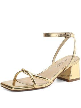 Chunky Block Heel Strappy Sandals Faux Leather Square Toe 2 Inch Heels